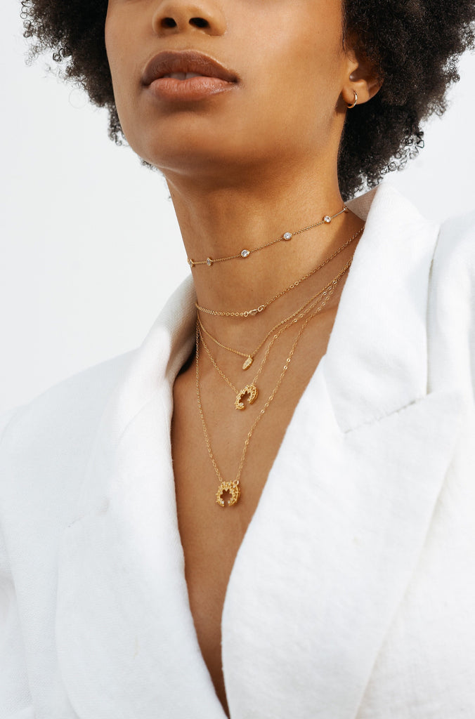 Full view on model 14K Emma Choker layered with other necklace styles  Bagatiba