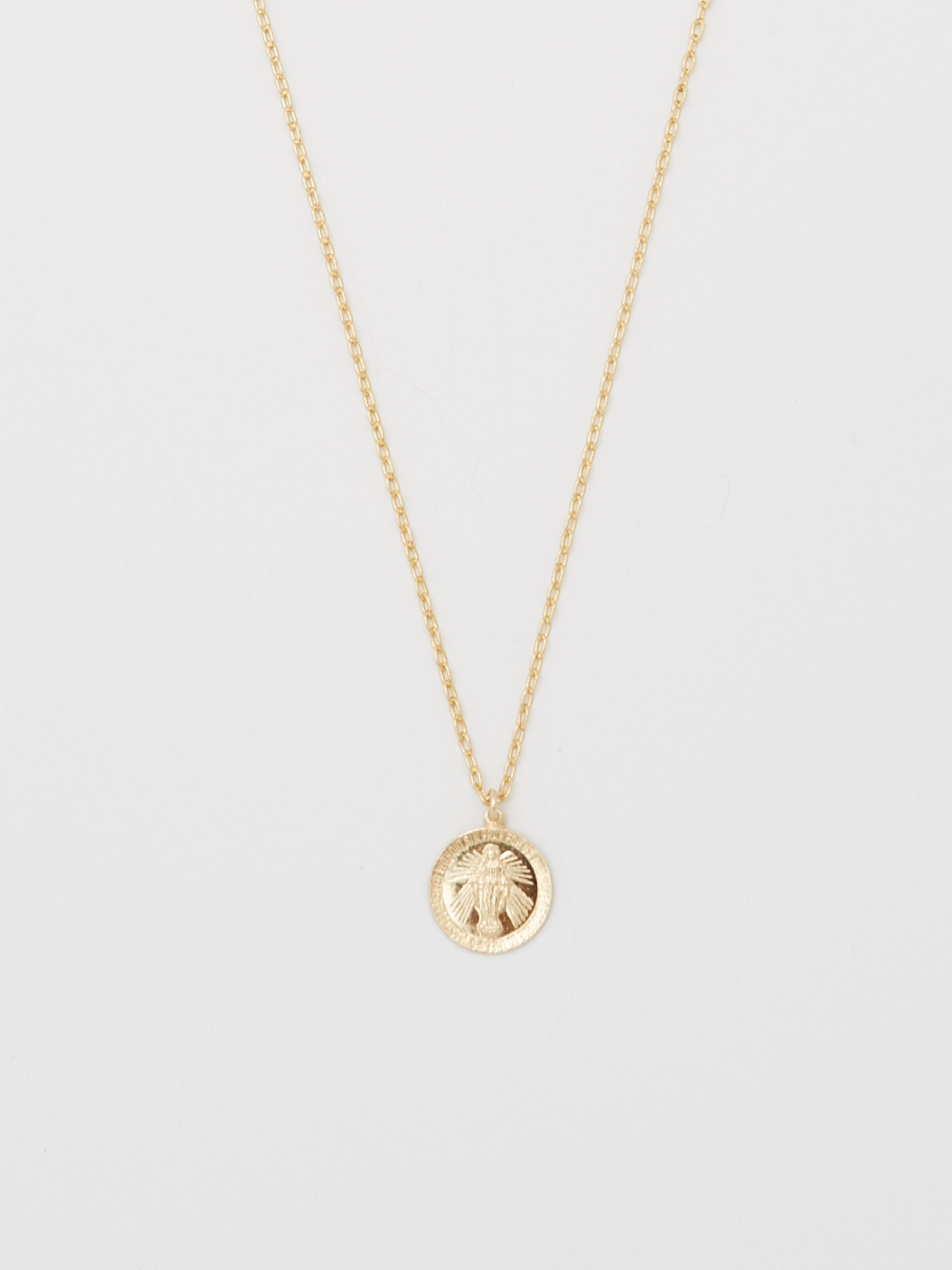 Cropped view flat lay of 20" Pray For Mary Oval Necklace Necklace bagatiba 