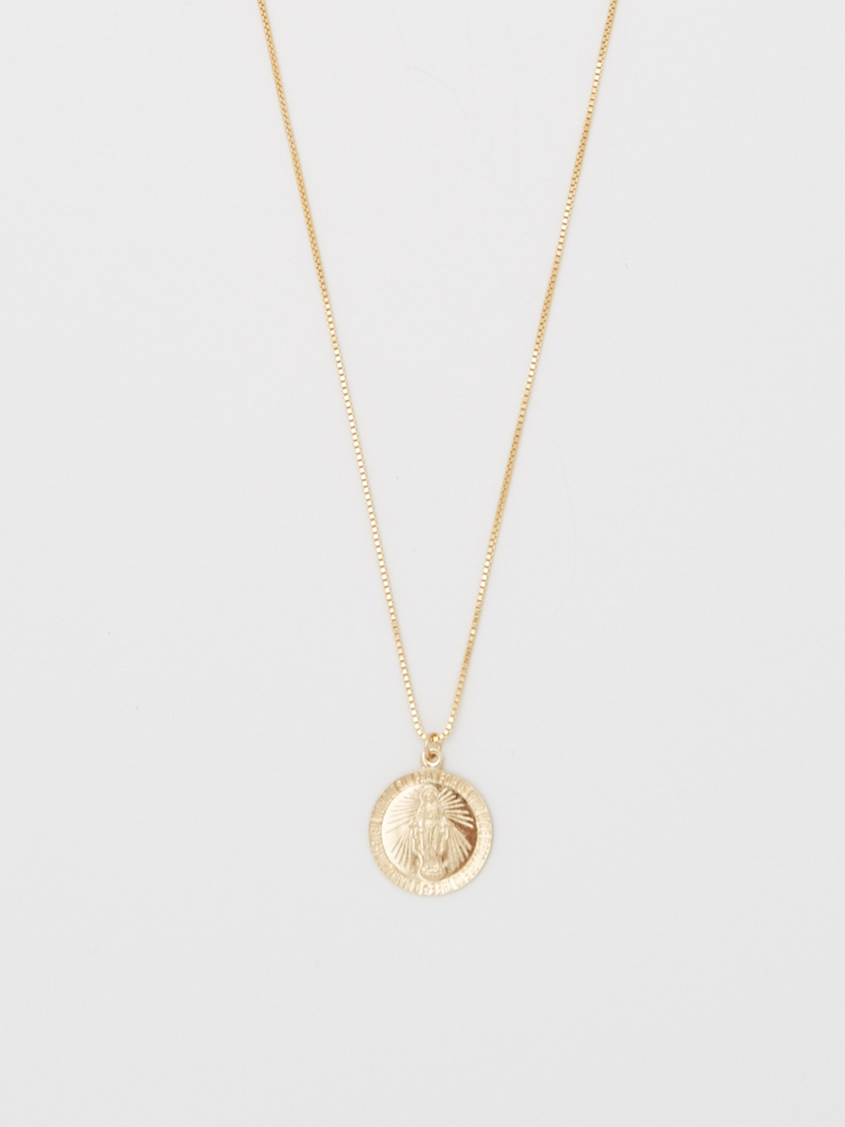 Cropped view flat lay of 22" Pray For Mary Square Necklace Necklace bagatiba 