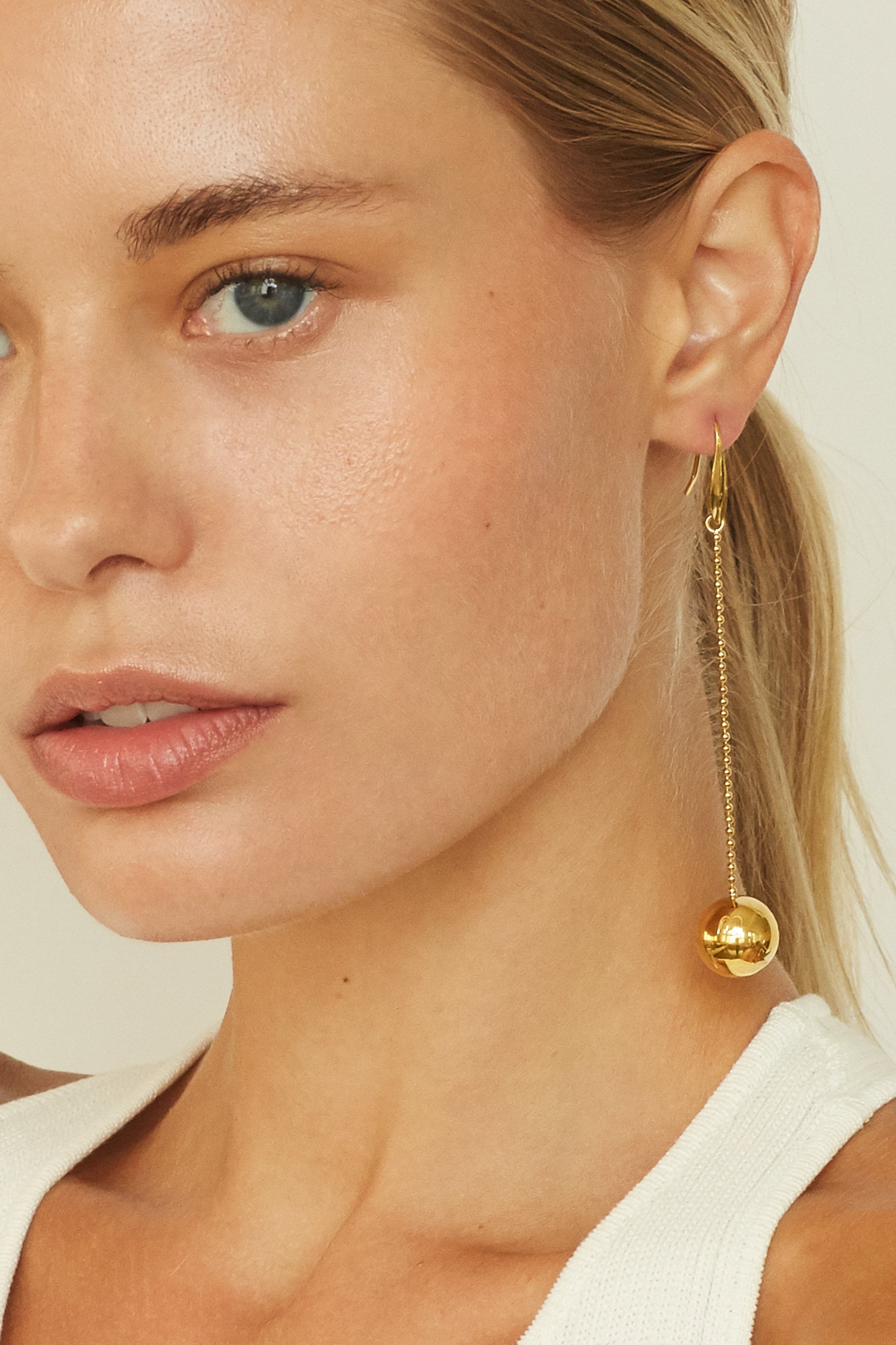 Detail view of Drop Sphere Earrings on model bagatiba 