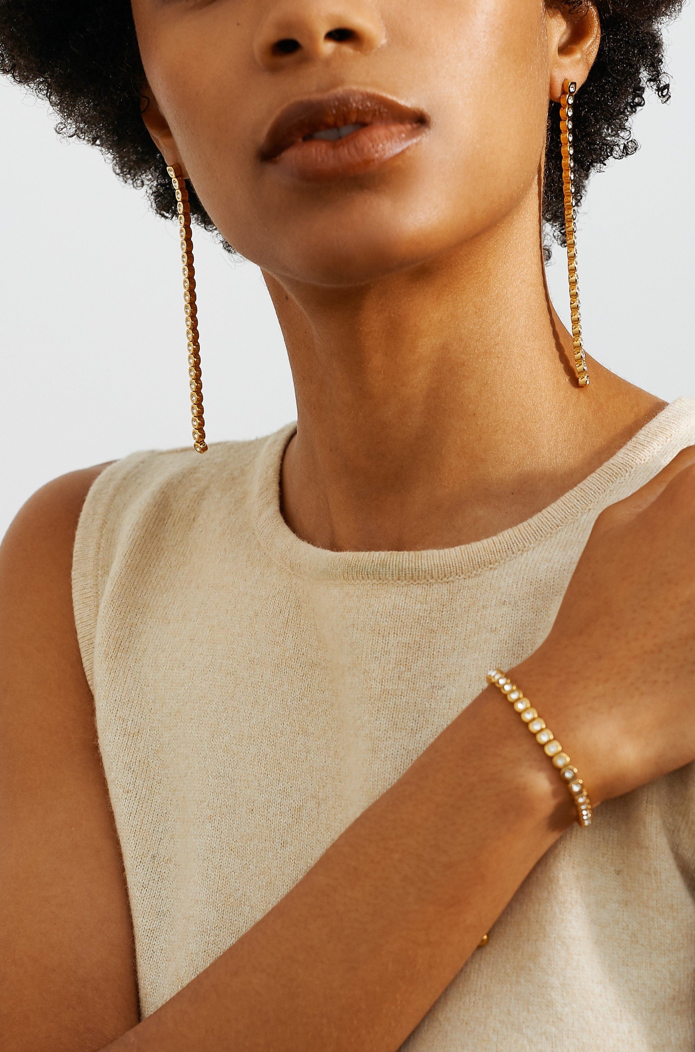 Model wearing the Mika Diamond Line Earrings Earrings bagatiba 