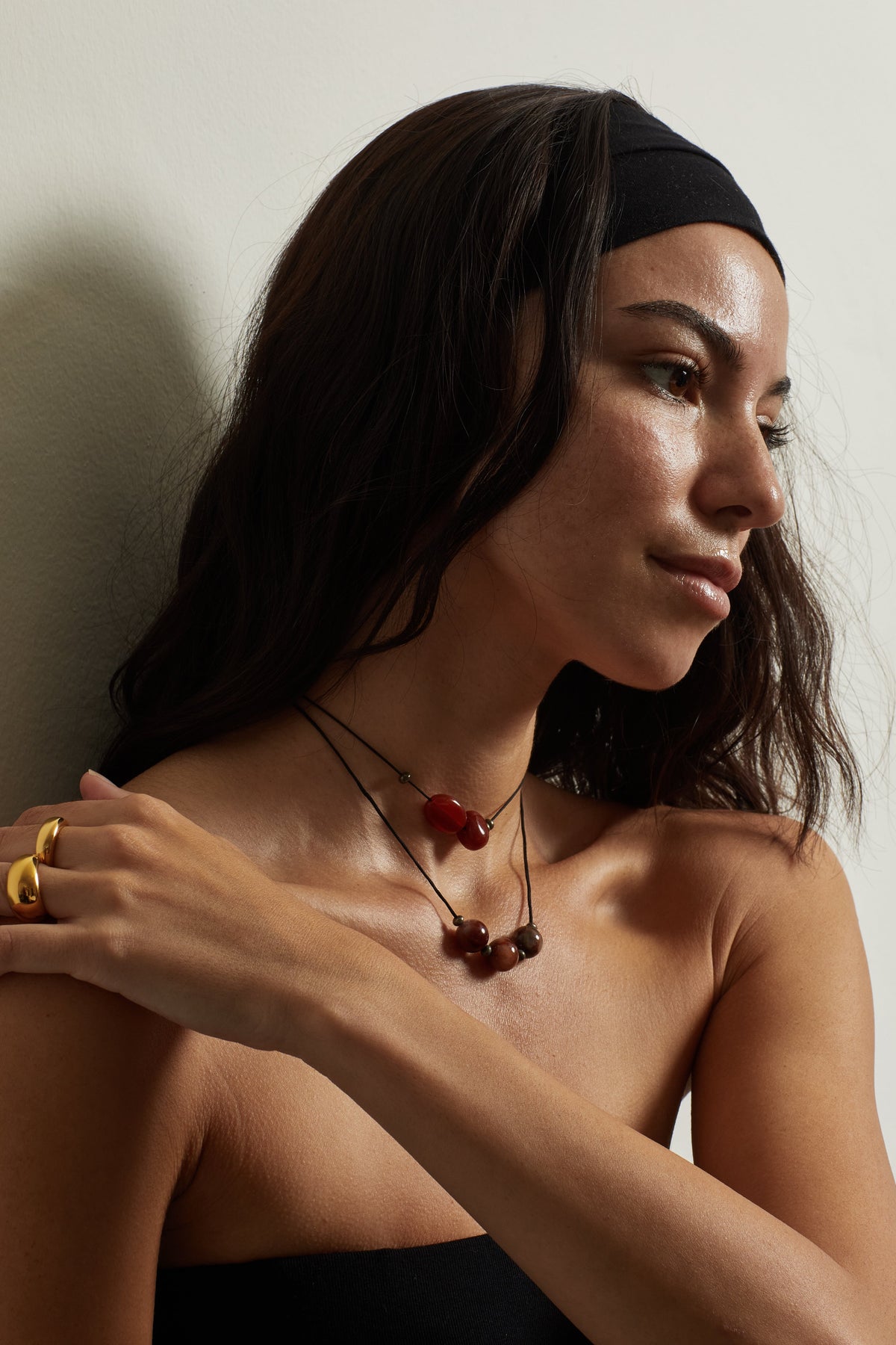 Rutilated Quartz Trio Necklace necklace Bagatiba on model posing