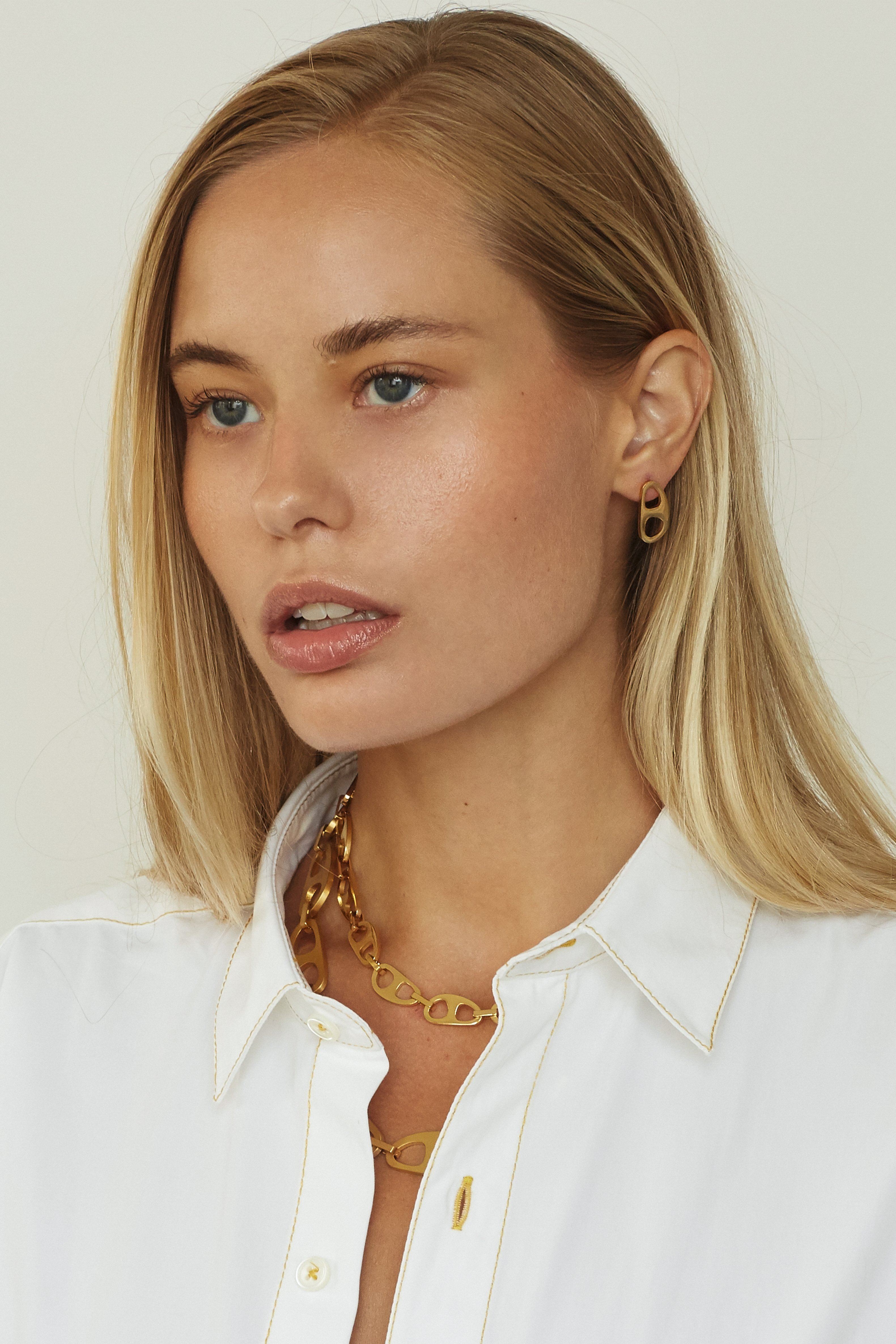 Profile view on model of Small Gold Tab Necklace Necklace bagatiba 