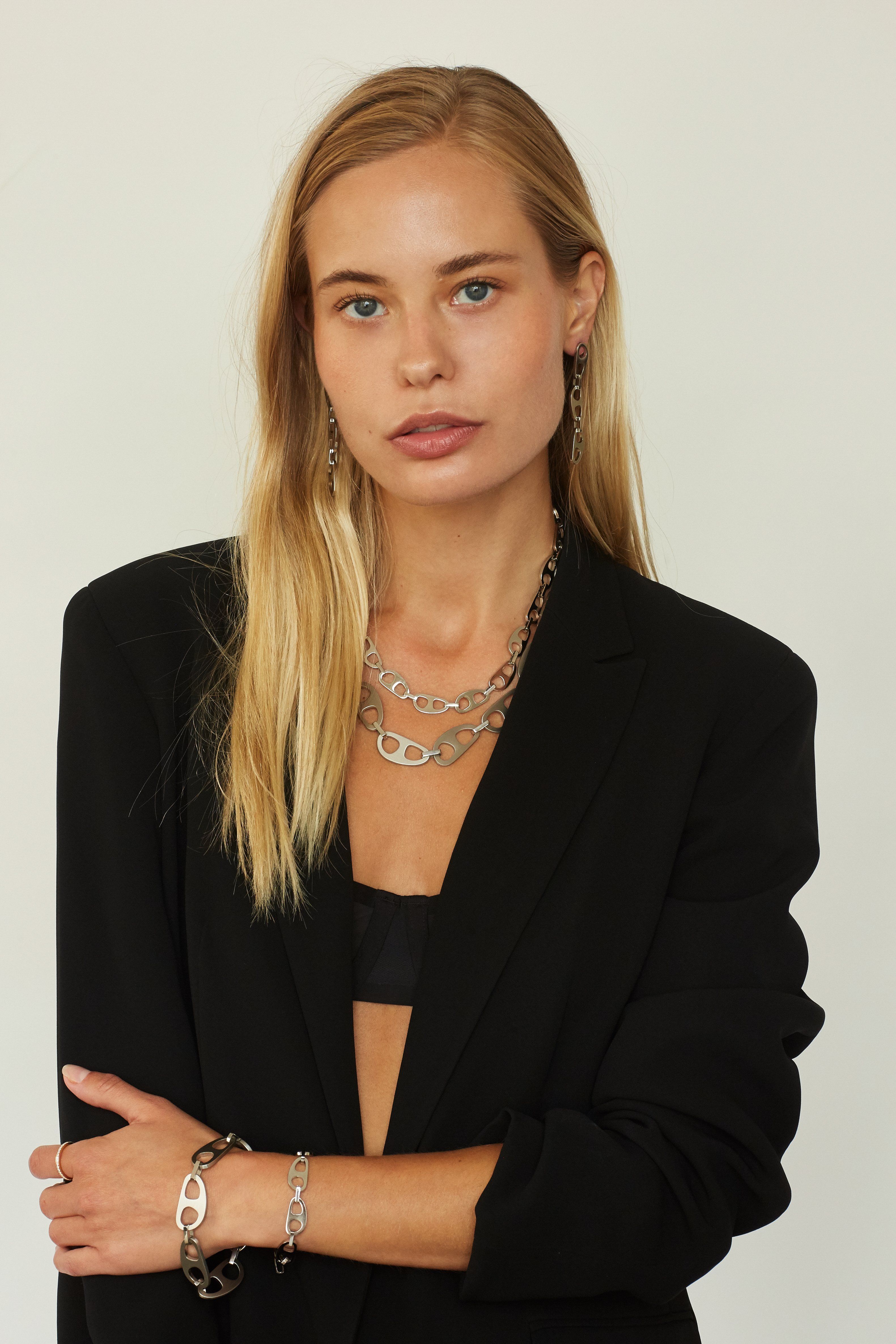 Full view of model wearing the Small Silver Tab Bracelet Necklace bagatiba 